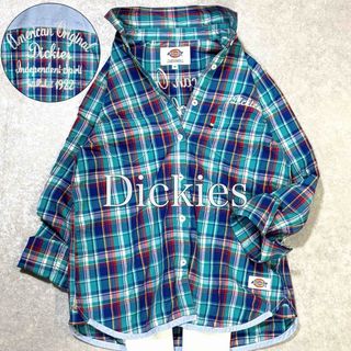 美品✨ディッキーズ チェックシャツ 長袖 刺繍ロゴ コットン ブルー 青