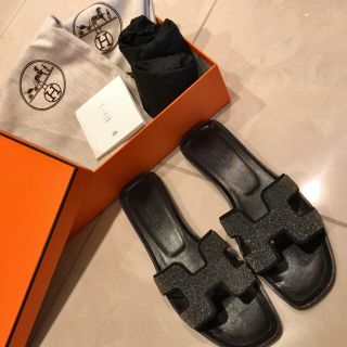 HERMES オラン　フラット　サンダル　37 ブラック　クリスタル　エルメス