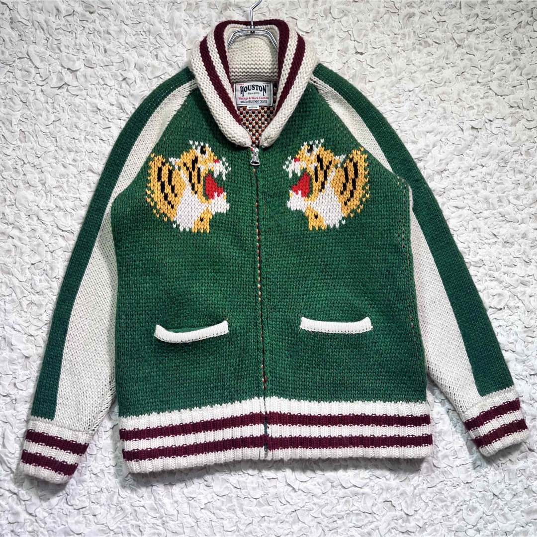 HOUSTON(ヒューストン)の『名作』　ヒューストン　カウチンニット　タイガー　虎　スーベニア　グリーン　M メンズのジャケット/アウター(スカジャン)の商品写真