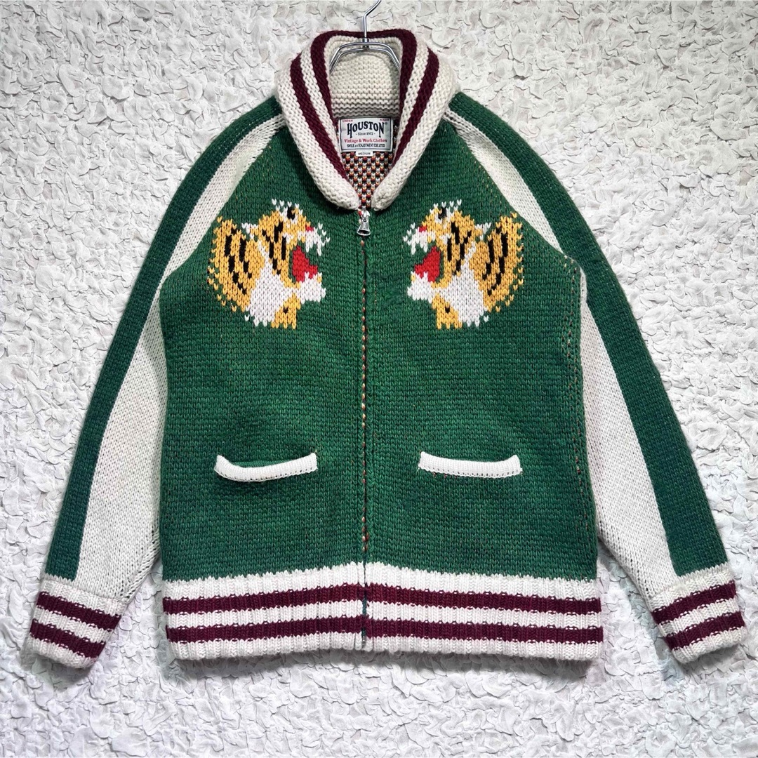 HOUSTON(ヒューストン)の『名作』　ヒューストン　カウチンニット　タイガー　虎　スーベニア　グリーン　M メンズのジャケット/アウター(スカジャン)の商品写真