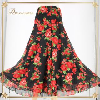 社交ダンス 衣装 スタンダード スカート レッスンウェア 練習着 Create-Sun クリエイトサン 赤 黒 緑 ブラック系 グリーン系 レッド系 花柄 フレアスカート ダンス用スカート プリーツ おしゃれ 可愛い レディース 伸縮性あり 花柄スカート 練習用 自宅練習 フォーマル 黒地 赤い花 ブラックベース スポーツウェア D083-2510718008444