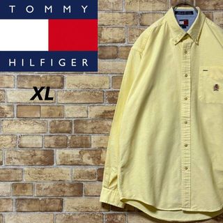 トミーヒルフィガー　90s 長袖ボタンダウンシャツ　刺繍　パステルイエロー　XL