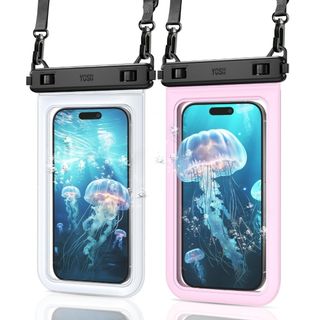 【人気商品】YOSH 2枚セット スマホ防水ケース 透明+ピンク【ダブルフック・