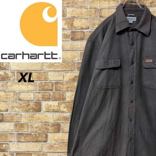 カーハート　長袖シャツ　フランネル　ビッグシルエット　カーキ系　革ロゴ　XL