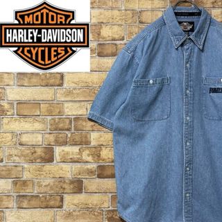 ハーレーダビッドソン 半袖デニムシャツ 刺繍ロゴ ライダース ダブルポケット L
