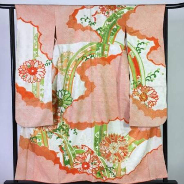 振袖 オレンジ 菊 熨斗 部分絞り 金糸 正絹 袷