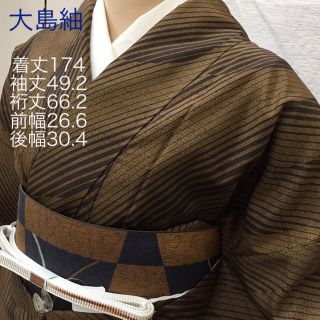 195∞染めの大島紬（証紙付き）☆茶色と焦げ茶の斜め柄☆粋な紬❣️(着物)