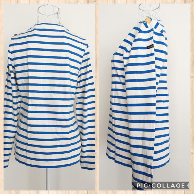 Le Minor(ルミノア)のLeminorルミノア 肩ボタンボーダーボートネックバスクシャツ 白×ブルー レディースのトップス(Tシャツ(長袖/七分))の商品写真