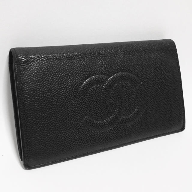 CHANEL シャネル キャビアスキン 長財布 黒 ココマーク 二つ折 美品 ...