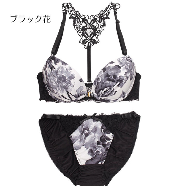 SEXY★背中魅せ薔薇柄フロントホック ★♪ ブラ×ショーツセット★ブラック レディースの下着/アンダーウェア(ブラ&ショーツセット)の商品写真