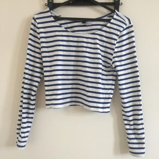 エイチアンドエム(H&M)のH&M ボーダー カットソー ショート丈 トップス ブルー マリン レディース(カットソー(長袖/七分))