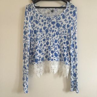 エイチアンドエム(H&M)のH&M カットソー トップス 花柄 レース ブルー レディース(カットソー(長袖/七分))