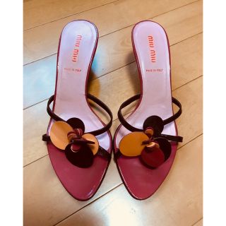 美品 miumiu ミュール ピンク7.5cmヒール キラキラビジュー付 靴 ...