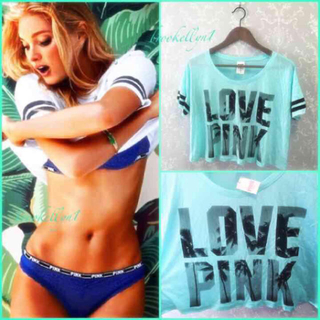 ヴィクトリアズシークレット(Victoria's Secret)のSALE♪レア LOVE PINK パームツリーロゴ ブルーTシャツ(Tシャツ(半袖/袖なし))
