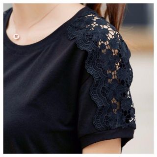 人気 花柄 刺繍ブラウス 半袖 レーストップス ブラック(Tシャツ(半袖/袖なし))