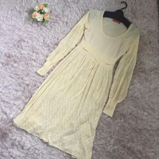 イマージュ(IMAGE)のニットワンピース♡春色イエロー♡編み柄 きれいめ お嬢様 お上品 長袖 ミモレ丈(ひざ丈ワンピース)