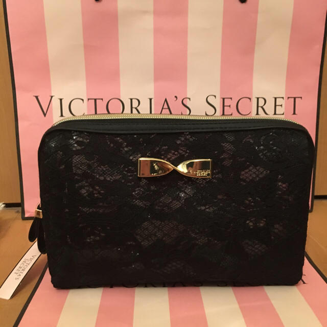 Victoria's Secret(ヴィクトリアズシークレット)のVictoria's Secret☆黒レース+リボン♪ 大きめメイクポーチ☆ レディースのファッション小物(ポーチ)の商品写真