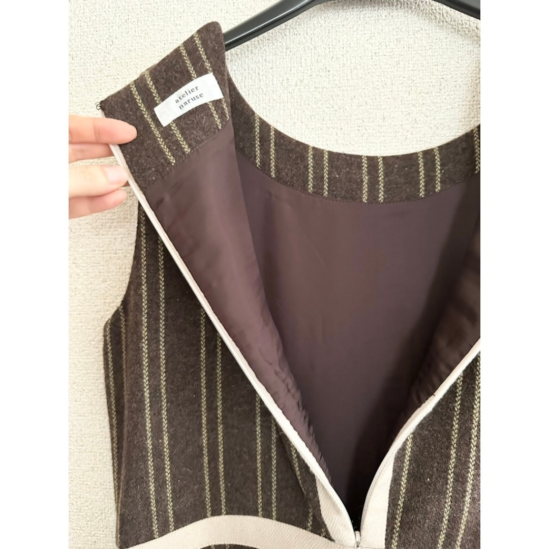 mina perhonen(ミナペルホネン)の【美品】アトリエナルセ ストライプ ウールツイードワンピース ブラウン レディースのワンピース(ロングワンピース/マキシワンピース)の商品写真
