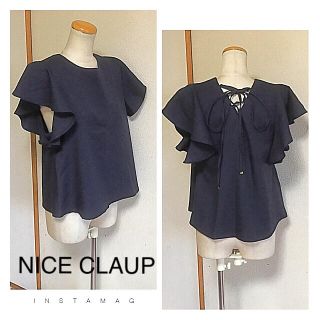 ナイスクラップ(NICE CLAUP)の新品値札付き■NICE CLAUP■スピンドルりぼん袖フリル♪ブラウス■ネイビー(シャツ/ブラウス(半袖/袖なし))