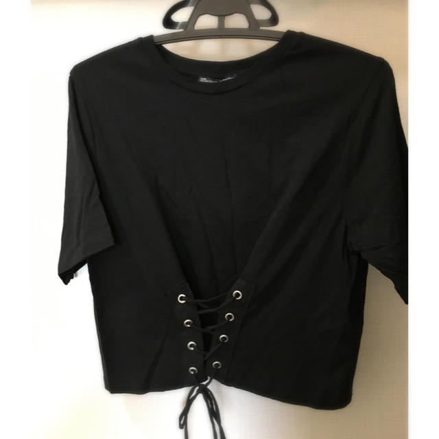 ZARA(ザラ)の専用出品 ZARA コルセット風レースアップTシャツ M ブラック 美品 レディースのトップス(Tシャツ(半袖/袖なし))の商品写真