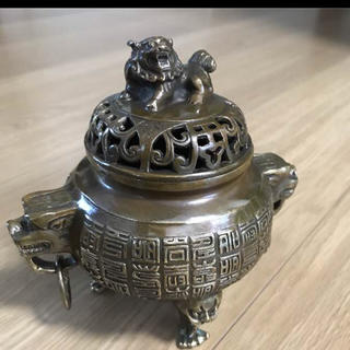 銅製■ライオン 中国獅子頭香炉、線香立て■(金属工芸)