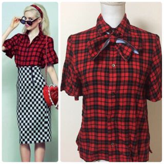 ジーヴィジーヴィ(G.V.G.V.)のG.V.G.V. SCHOOL CHECK BOW TIE BLOUSE シャツ(シャツ/ブラウス(半袖/袖なし))