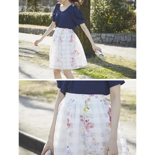 tocco(トッコ)の日差しに映える彩りシアーチェック×フラワーオーガンジースカート レディースのスカート(ひざ丈スカート)の商品写真