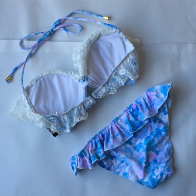 新作☆新品★花柄レース パンツ付ビキニ3点セット水色★水着