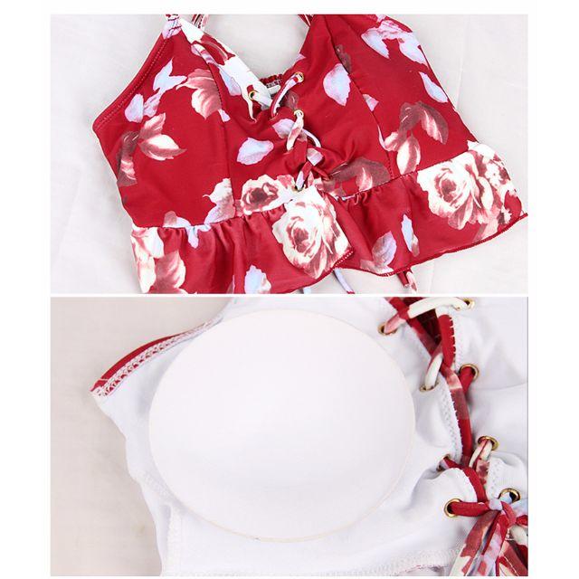 フリルエッジ 花柄ビキニ ３点セット レディース タンキニ 赤  レディースの水着/浴衣(水着)の商品写真