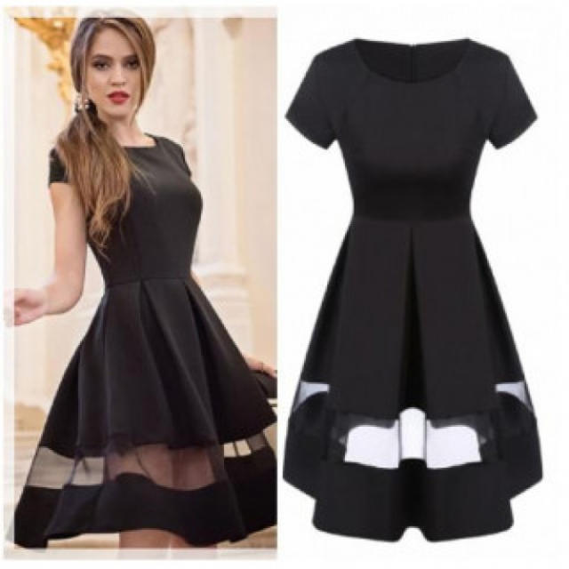  L 半袖 ドレス 春夏ワンピース シフォン スカート 切り替え 透け感 黒 レディースのフォーマル/ドレス(ミディアムドレス)の商品写真