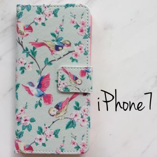 アイフォン７ iPhone7 手帳型ケース 鳥 北欧 グリーン 花柄 フラワー(iPhoneケース)