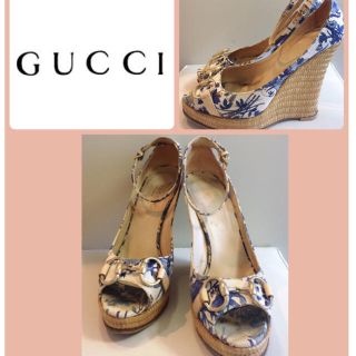 グッチ(Gucci)のグッチ♡ブルーフラワー ウエッジ パンプス♡(ハイヒール/パンプス)