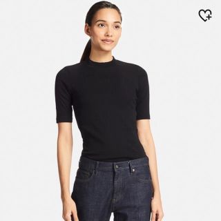 ユニクロ(UNIQLO)のユニクロ リブハイネックT 5分袖 ブラック(Tシャツ(長袖/七分))