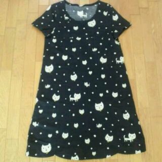 フランシュリッペ(franche lippee)のフランシュリッペ猫柄ワンピース黒ロングTシャツねこツモリチサト(ミニワンピース)