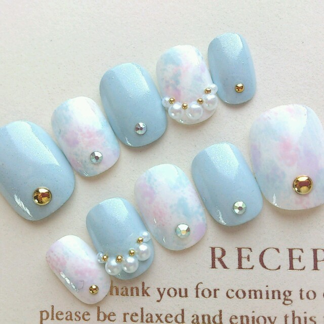 両面テープ付♡夏ネイル♡水色とピンクと紫のマーブルのネイルチップの通販 by Heart Nail's shop｜ラクマ