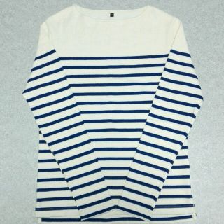 ムジルシリョウヒン(MUJI (無印良品))の【新品】無印良品 ボーダーボートネックT(ネイビー)(Tシャツ/カットソー(七分/長袖))