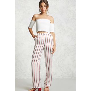 フォーエバートゥエンティーワン(FOREVER 21)の【美品】FOREVER21ストライプワイドパンツ(バギーパンツ)