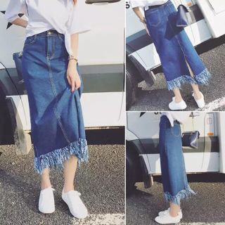 ZARA - 裾フリンジ デニムスカート ロングスカート デニムリメイク