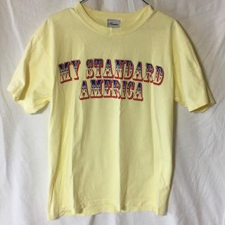 アコースティック☆ライトイエロー胸プリント背ロゴTシャツ:古着Ｌ(Tシャツ/カットソー(半袖/袖なし))