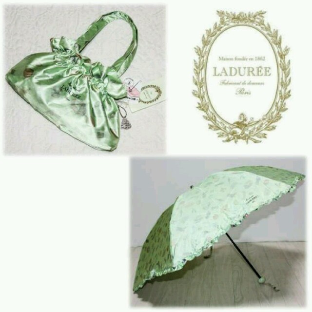 LADUREE(ラデュレ)の新品◆【ラデュレ】収納ポーチ付き マカロン 折りたたみ雨傘 シャイニーグリーン レディースのファッション小物(傘)の商品写真