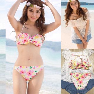 新品水着☆オフショルトップス+デニムパンツ+花柄ビキニ ピンク(水着)