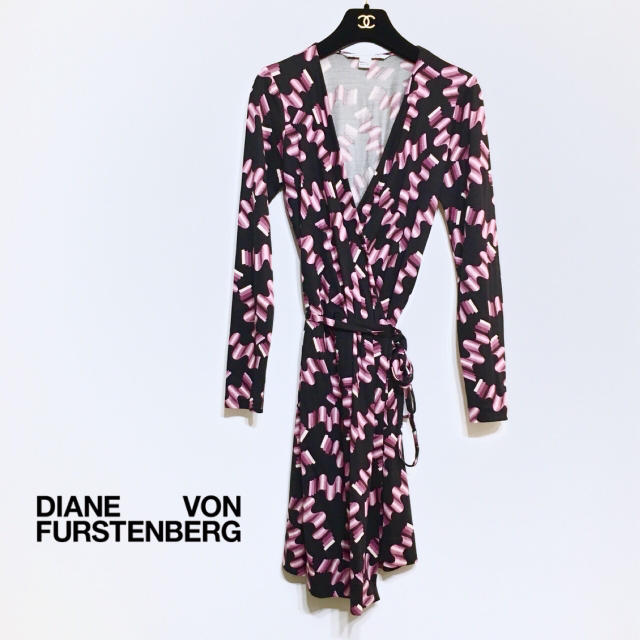 DVF silk100% black×pinkワンピース★送料込