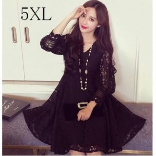 【5XL】大きいサイズ  総レース 上品フレアワンピース 黒 ブラック(ひざ丈ワンピース)