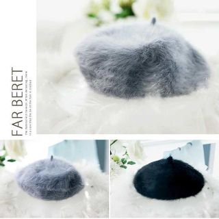 ベレー帽 かわいいファー グレー ふわふわ アンゴラ ラビットファーの