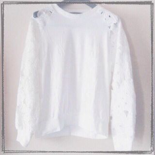 花刺繍シフォン♪カットソー★白 Lサイズ(カットソー(長袖/七分))