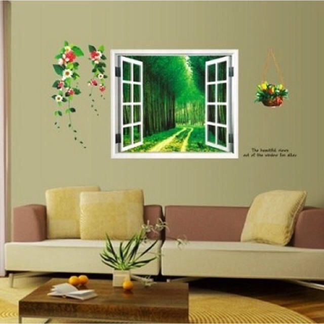 ウォールステッカー 窓 森林の風景 斜め道 壁シール 鮮やかな緑と花 自然 景色