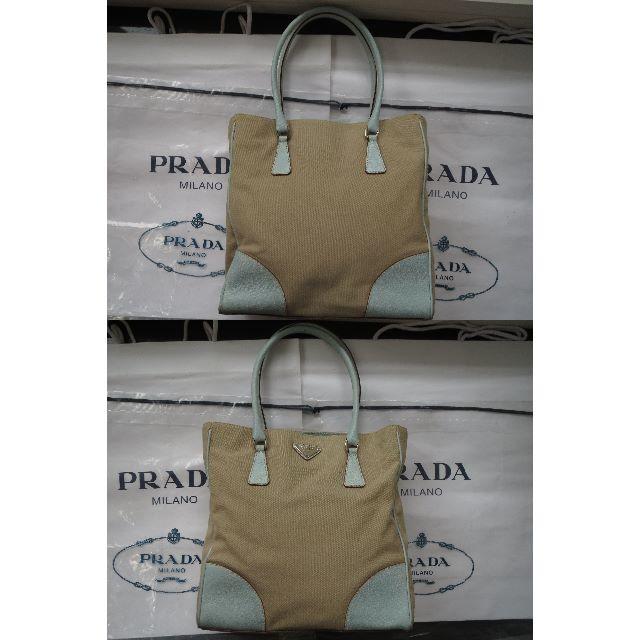 PRADA(プラダ)の●11万プラダスクエア型押しレザー革キャンパスカナパマチ有トートバッグ良美 レディースのバッグ(ショルダーバッグ)の商品写真