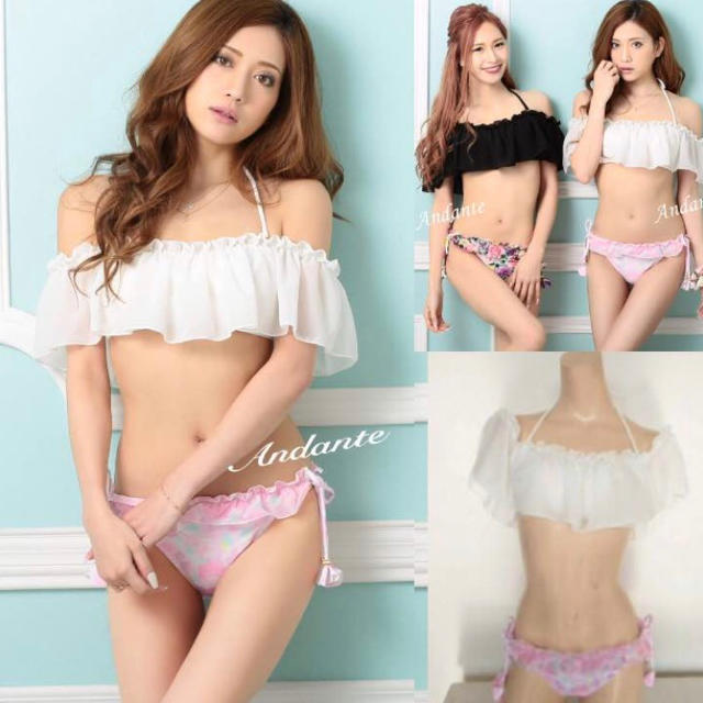 新品水着☆シフォンオフショル花柄ビキニ白