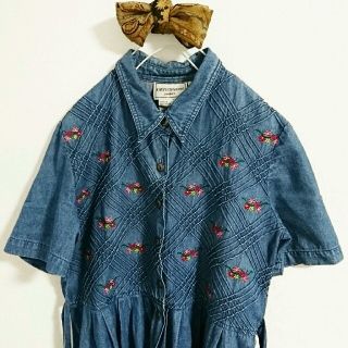 フラワー(flower)のvintage デニムワンピース 半袖 ミモレ丈(ひざ丈ワンピース)