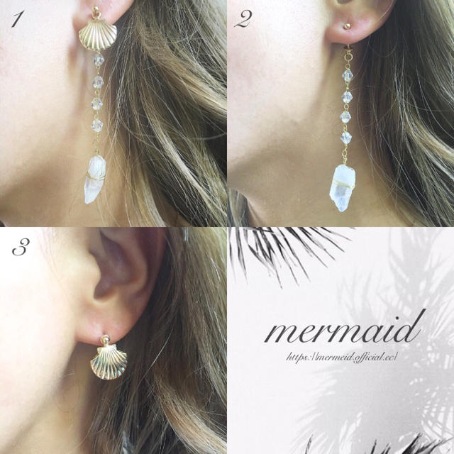 天然石 3wayクリスタルシェルロングピアス mermaid jewelry ハンドメイドのアクセサリー(ピアス)の商品写真